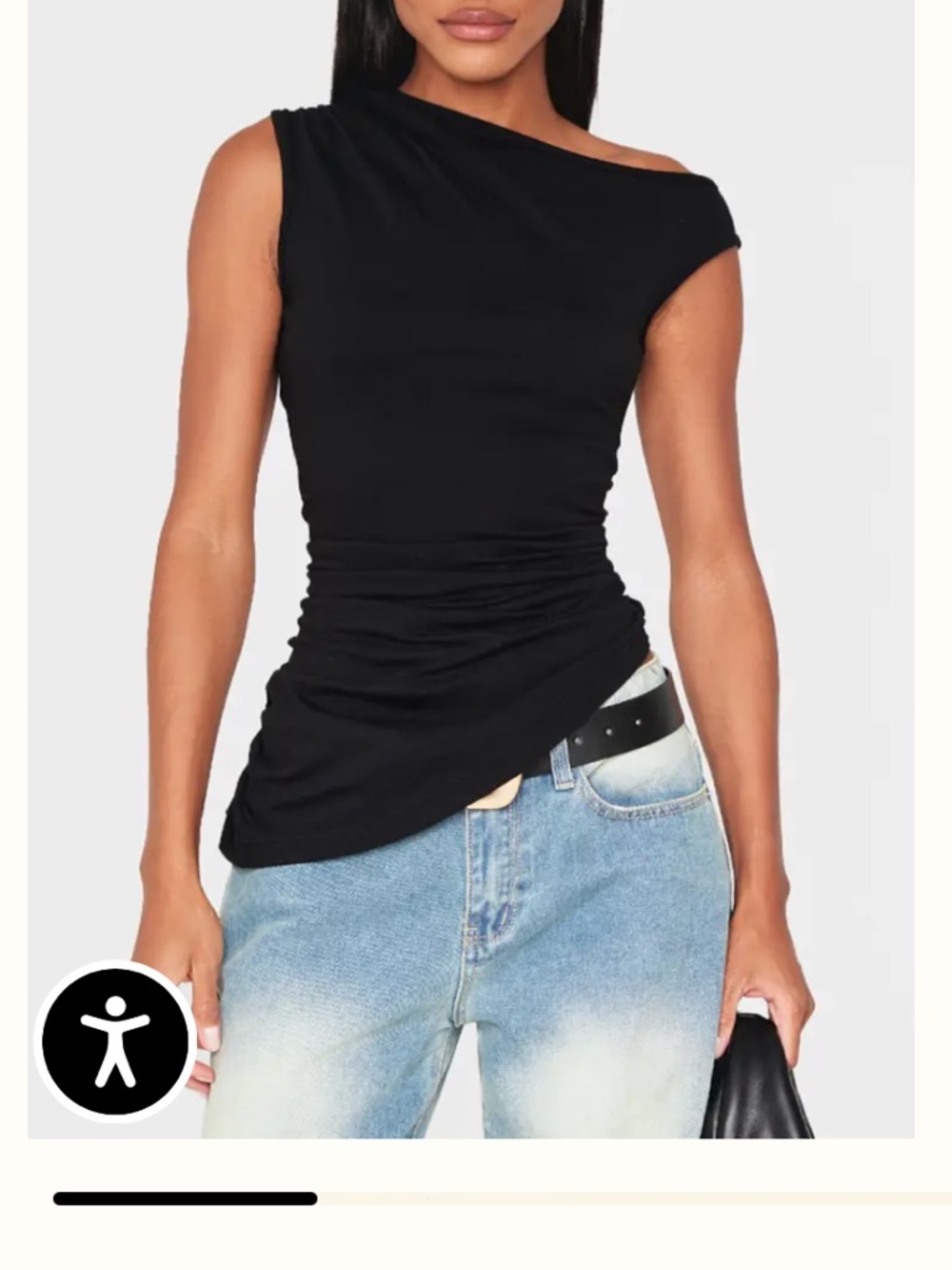 Asymmetric shoulder ruched longline top